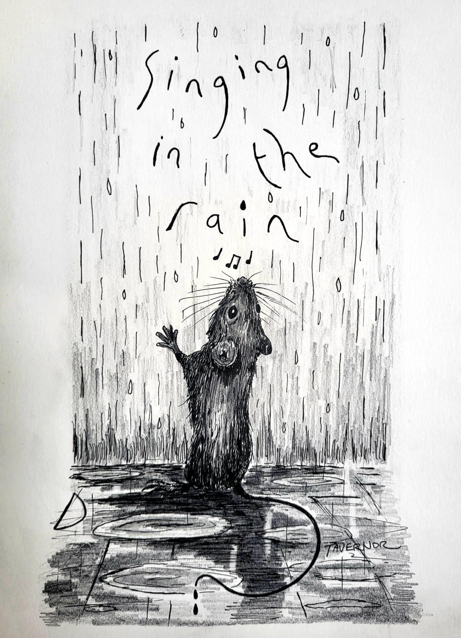Singing in the Rain Inktails Mouse Paul Tavernor Art